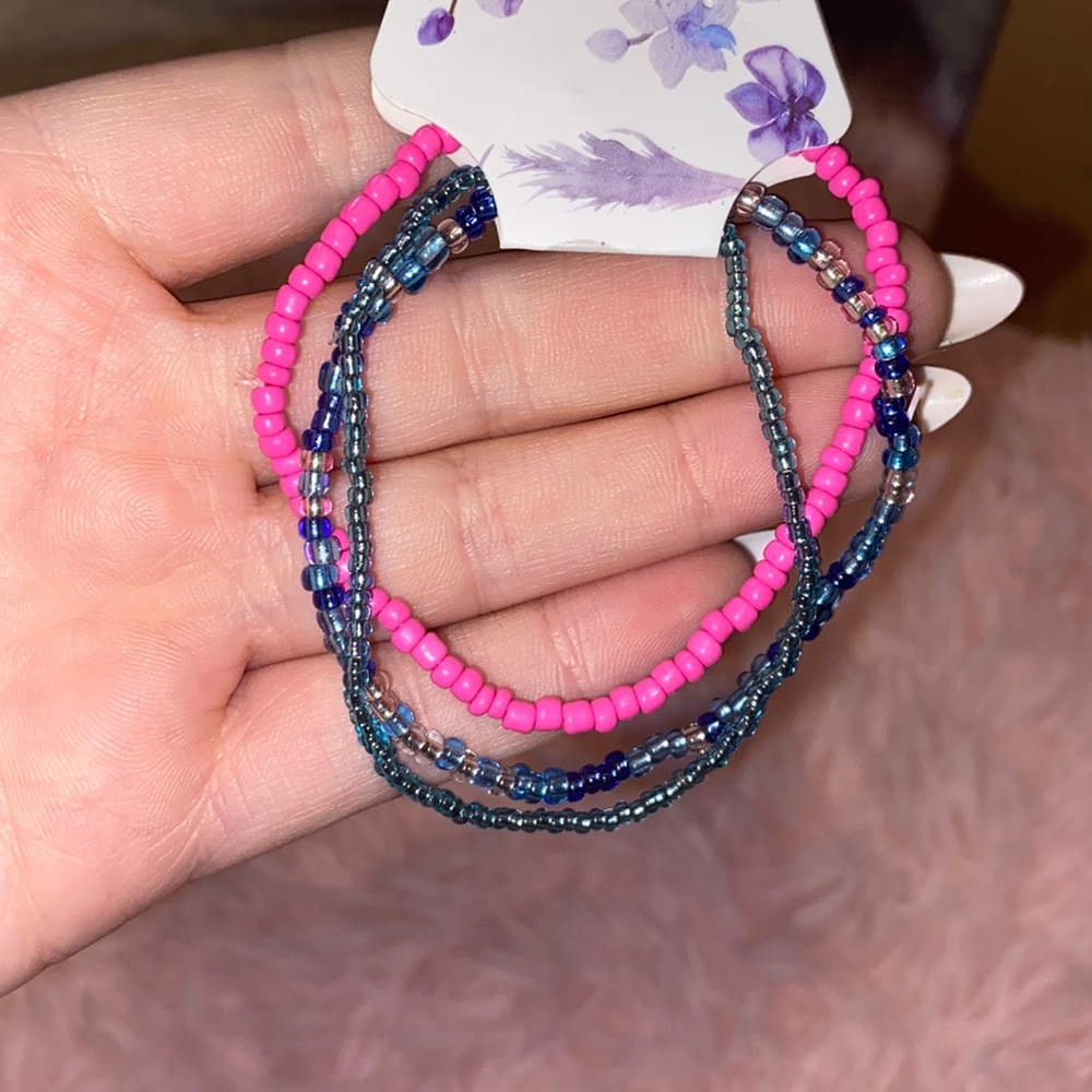 3 beaded bracelets pink and blue